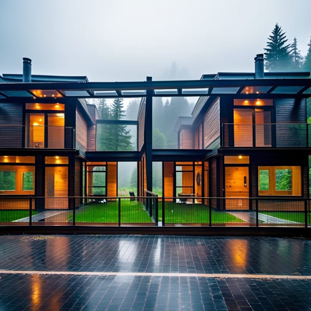 cabin in the woods with large windows, during rain, tall grass, ((Architecture)), flowers, forest, lush, misty, fog, ((architecture)), beautiful, vibe, pristineNegative prompt: sketch, line drawing, lowres, ((watermark)), flat colors, ((ugly)), blurry, boring, bad art, oversaturated, 3d render, cartoon, grain, low-res, kitsch, weird colors, gross, computer renderingSteps: 30, Sampler: DPM++ 2M Karras, CFG scale: 20.4, Seed: 1928355127, Size: 1024x1024, Model hash: 31e35c80fc, Model: sd_xl_base_1.0, Denoising strength: 1.0, ControlNet 0: "Module: canny, Model: diffusers_xl_canny_full, Weight: 0.772, Resize Mode: 1, Low Vram: False, Processor Res: 768, Threshold A: 100, Threshold B: 200, Guidance Start: 0, Guidance End: 0.715, Pixel Perfect: True, Control Mode: 1", ControlNet 1: "Module: depth, Model: diffusers_xl_depth_full, Weight: 0.9430000000000001, Resize Mode: ResizeMode.INNER_FIT, Low Vram: False, Guidance Start: 0, Guidance End: 0.9430000000000001, Pixel Perfect: True, Control Mode: 1", Version: v1.6.0